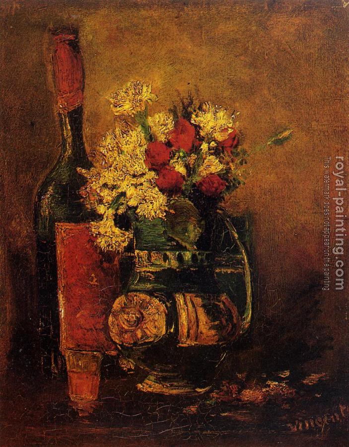 Vincent Van Gogh : Vase with Carnations and Roses and a Bottle